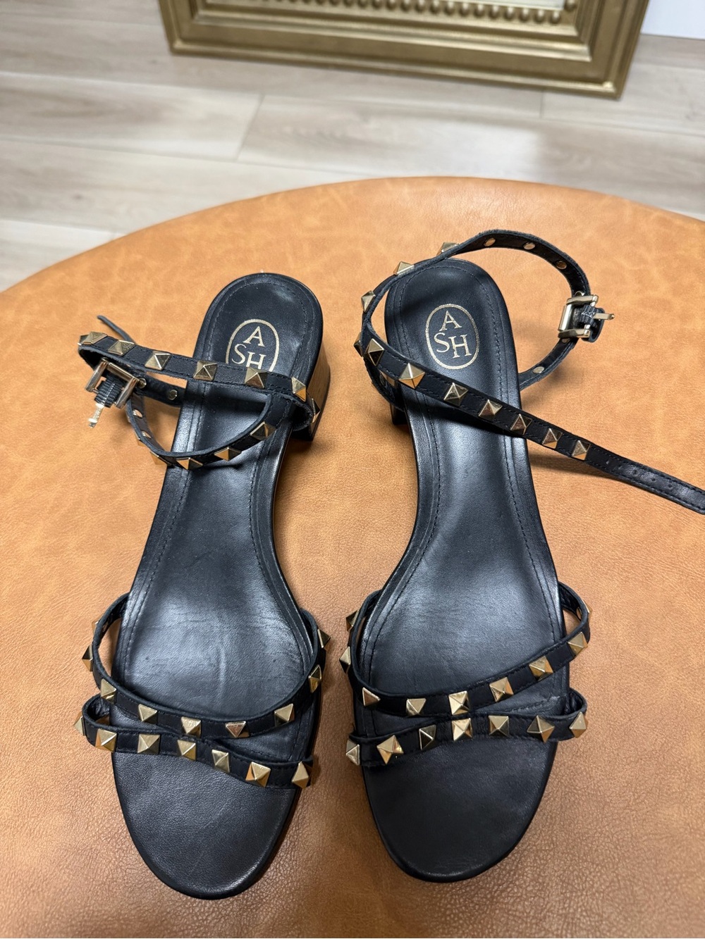 ASH Black Leather Studded Strappy Sandals